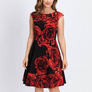 Donna Morgan Sleeveless Black and Red Rose Midi Dress with Pockets Size 8